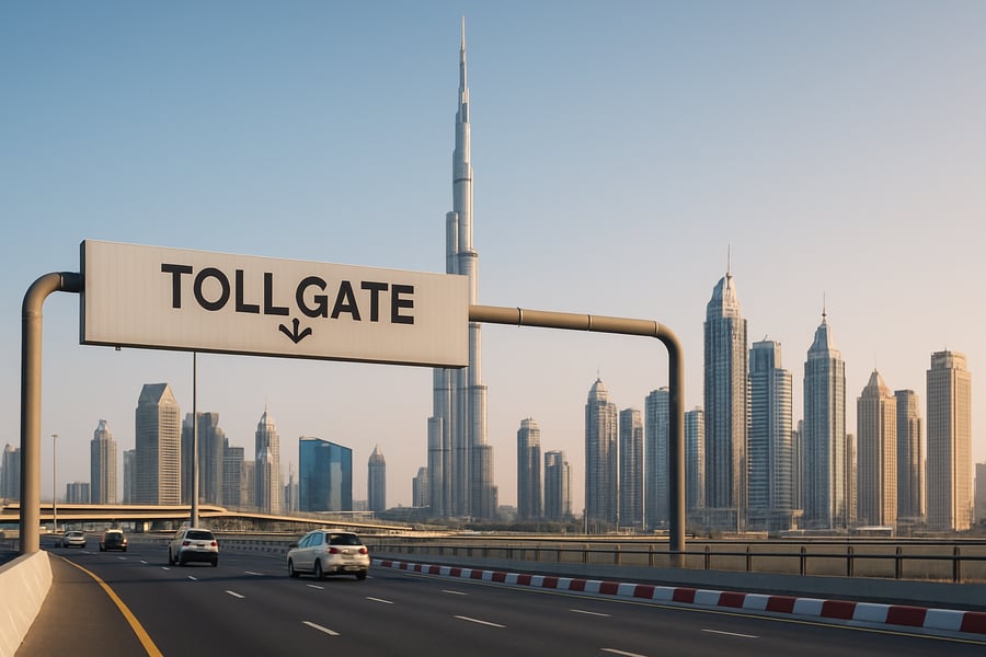 Dubai toll road with city skyline Dubai toll road with city skyline