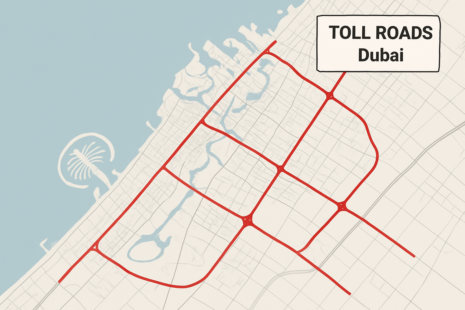 Map highlighting Dubai toll roads